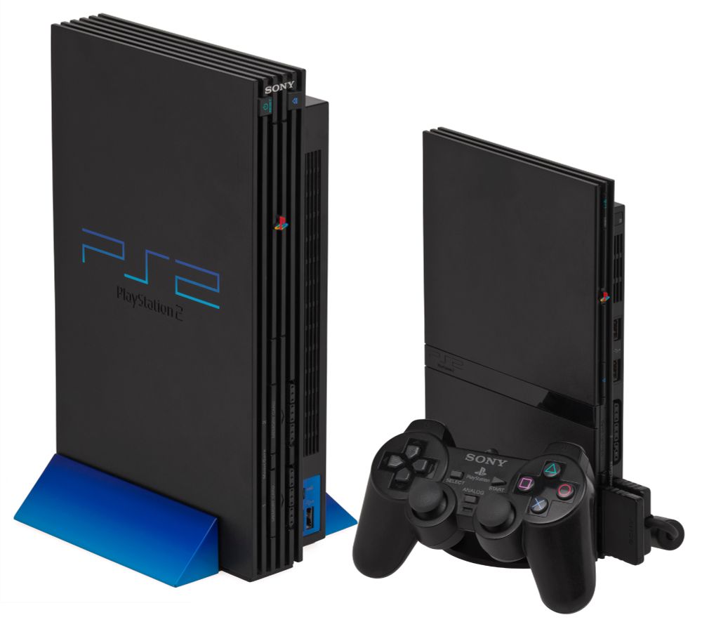 A Playstation 2 and a Playstation 2 Slim with a Dualshock 2 controller in front of it.