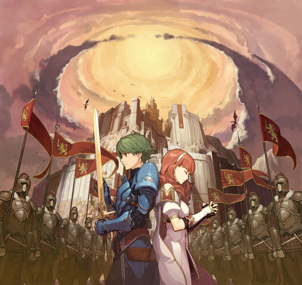 The full box art for Fire Emblem Echoes: Shadows of Valentia, minus the title, company logos or age rating. The two game's protagonists, Alm and Celica, stand back-to-back in front of a castle, with two lines of cavaliers from the enemy side standing at attention around them.