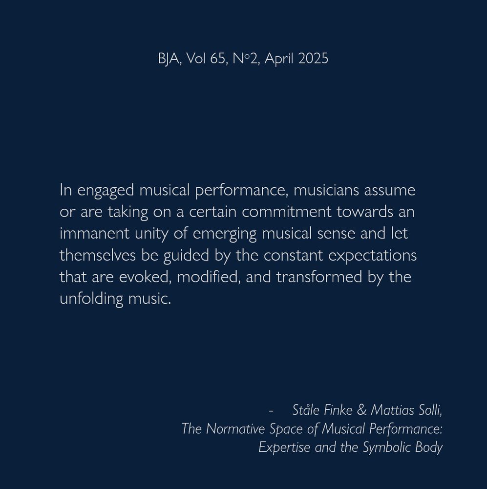 In engaged musical performance, musicians assume or are taking on a certain commitment towards an immanent unity of emerging musical sense and let themselves be guided by the constant expectations that are evoked, modified, and transformed by the unfolding music.
- Ståle Finke & Mattias Solli, The Normative Space of Musical Performance: Expertise and the Symbolic Body