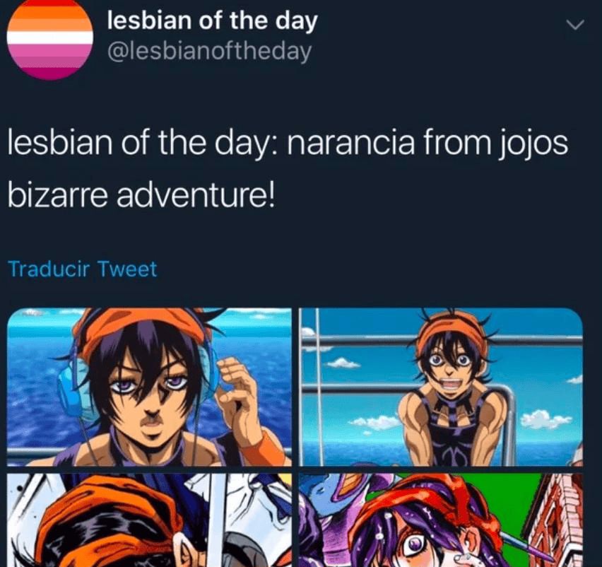 Screencap from the Twitter account "lesbian of the day", with the caption "lesbian of the day: narancia from jojos bizarre adventure!" followed by images of Narancia.
