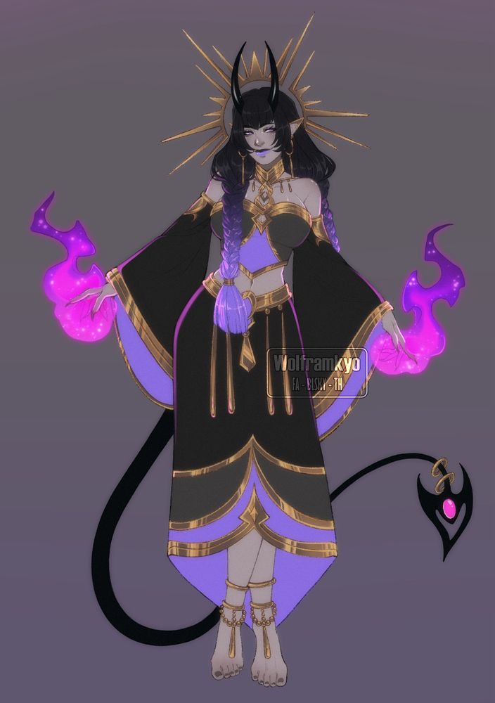 A demonic looking woman with a golden halo floats in space with her legs crossed over one another. In her hands are two purple and pink spirit flames