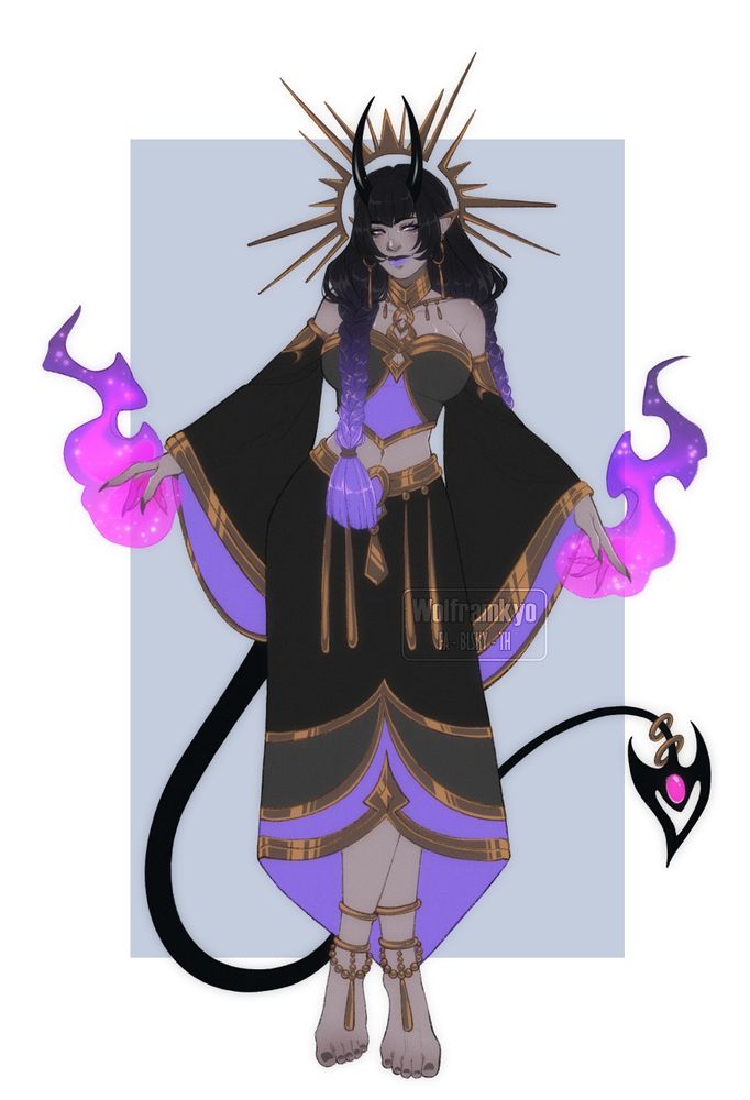 A demonic looking woman with a golden halo floats in space with her legs crossed over one another. In her hands are two purple and pink spirit flames