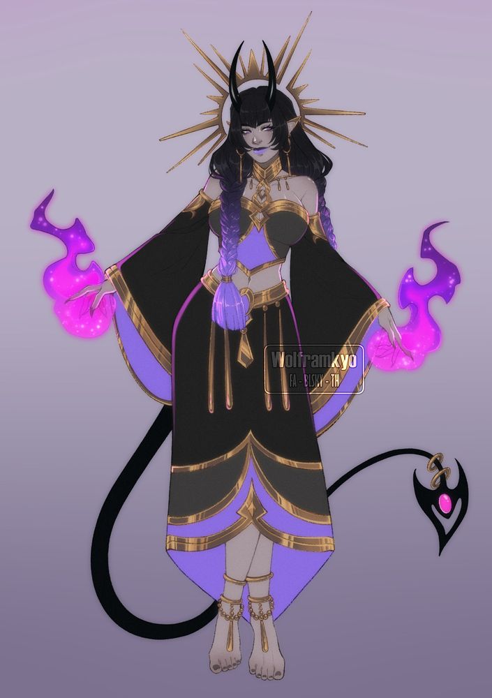 A demonic looking woman with a golden halo floats in space with her legs crossed over one another. In her hands are two purple and pink spirit flames