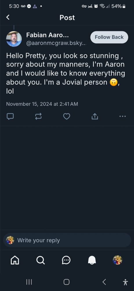 Scam account's non-sequitur response to someone it likely follows on Bluesky