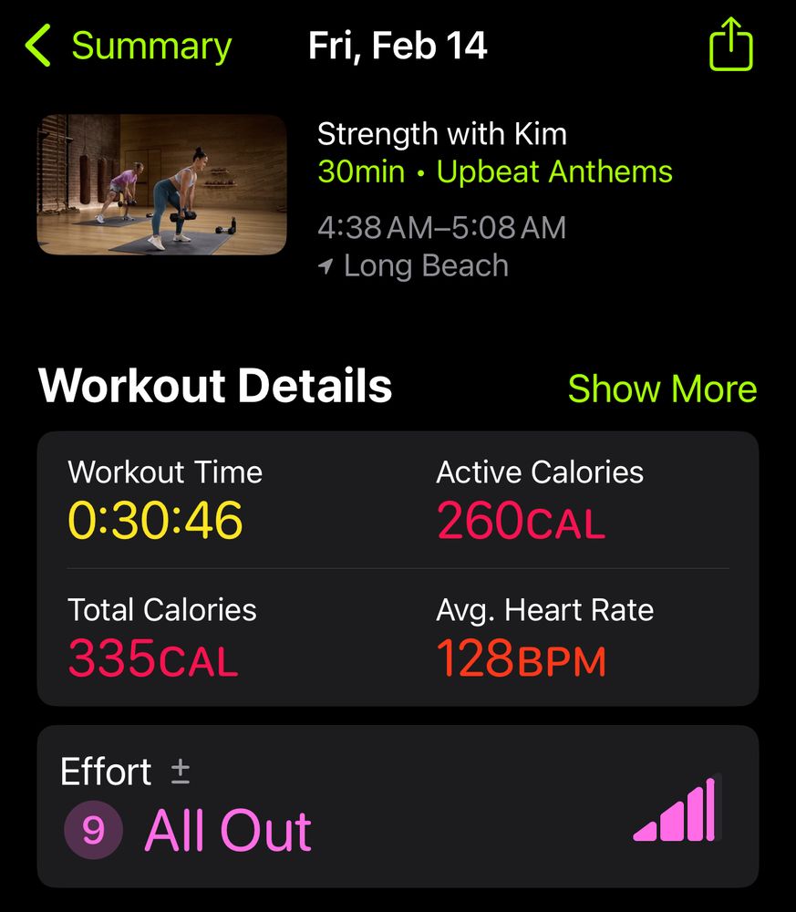 Stats for a 30 minute Apple Fitness total body strength workout 
