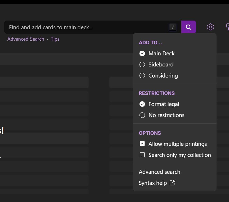 Screenshot of the Moxfield deck editors Search Cog