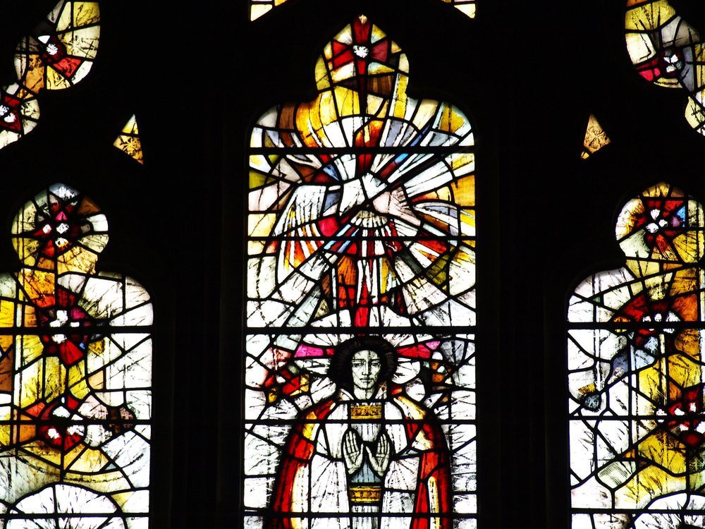 Detail of LSL's window depicting a dove as the Holy Spirit - one of his recurring stylised motifs.