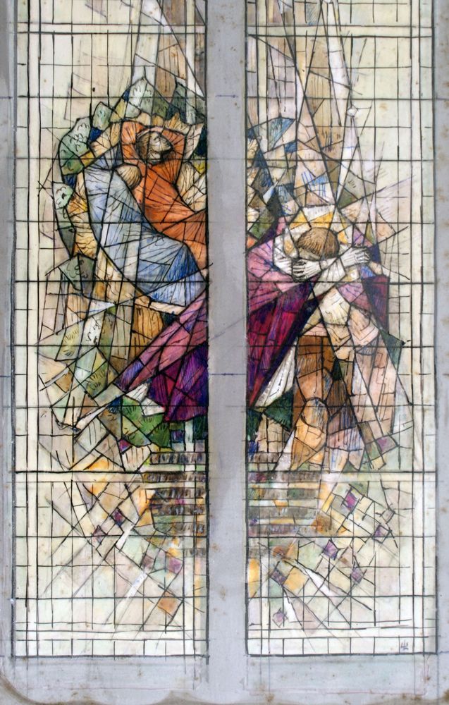 Sketch of a stained glass window showing the scene described in the post. The sketch includes the space formed by the masonry of the eventual church location, and is coloured with watercolour paints.