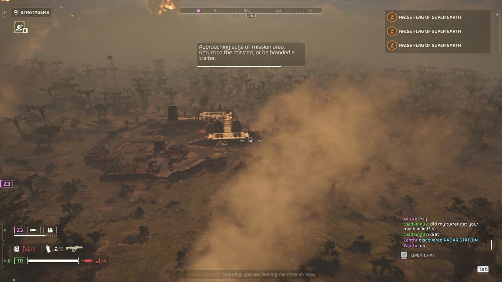 Screenshot from Helldivers 2, view is from the air, looking down on the map from an impossible height. Game message reads, "Approaching edge of the mission area. Return to the mission or be branded a traitor."