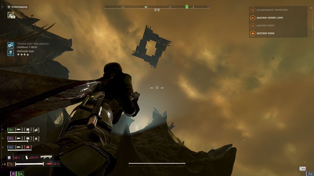 Screenshot from Helldivers 2. Four Super Destroyers are squared up, literally making a square in the sky.