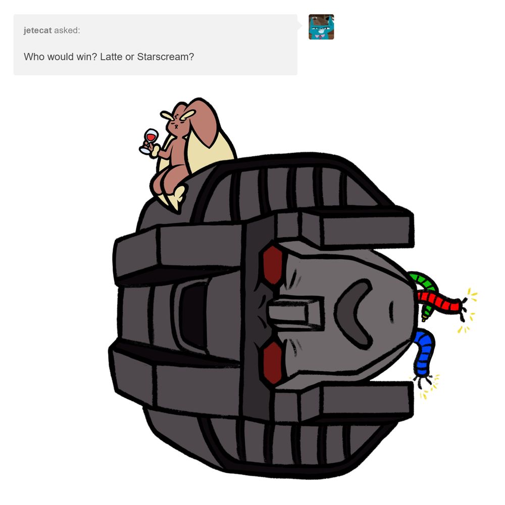 Latte the lopunny enjoys a glass of wine while sitting on the severed head of Starscream the Decepticon.
In the upper left corner a text box reads, "jetecat asked: Who would win? Latte or Starscream?"