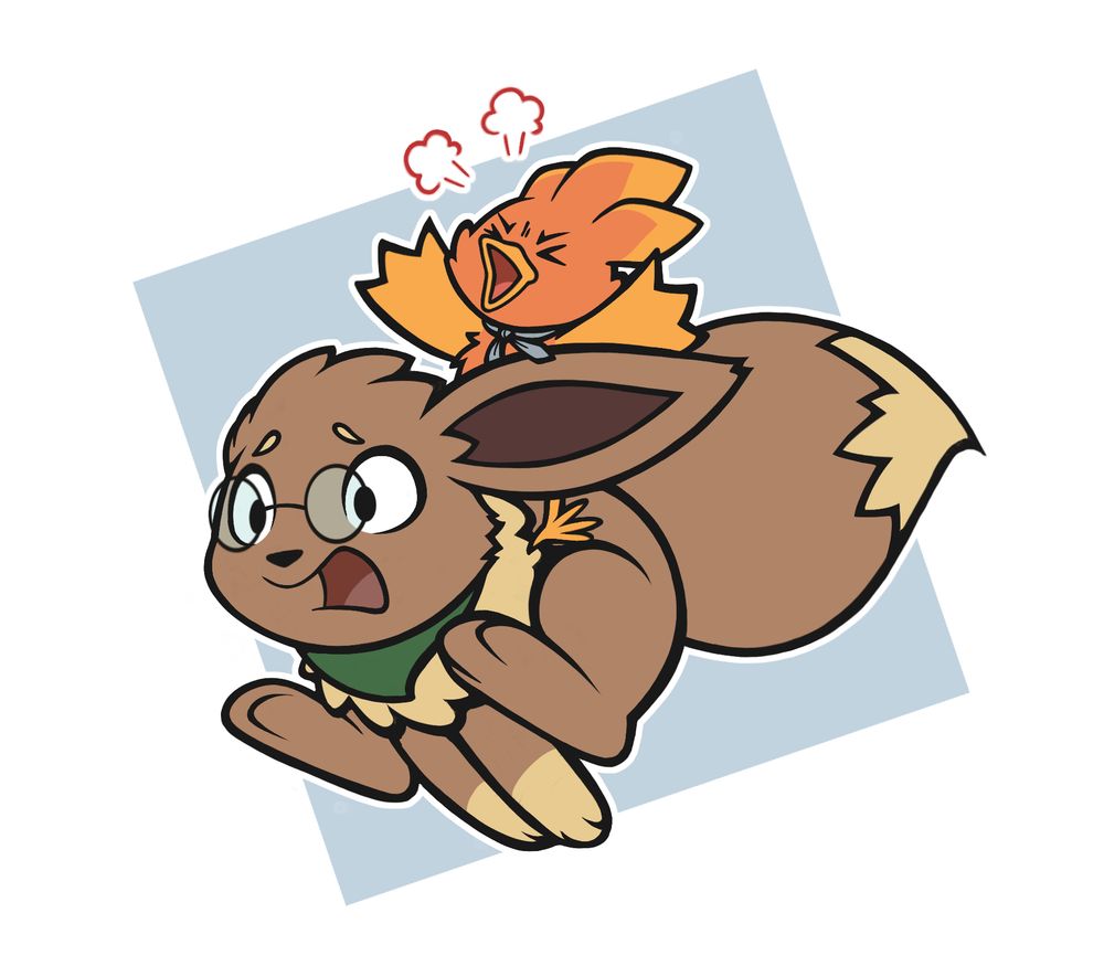Andrew, an eevee wearing glasses and a green scarf, is running with a panicked expression. On his back site Anne the torchic, angrily protesting with her wings waving in the air in frustration.