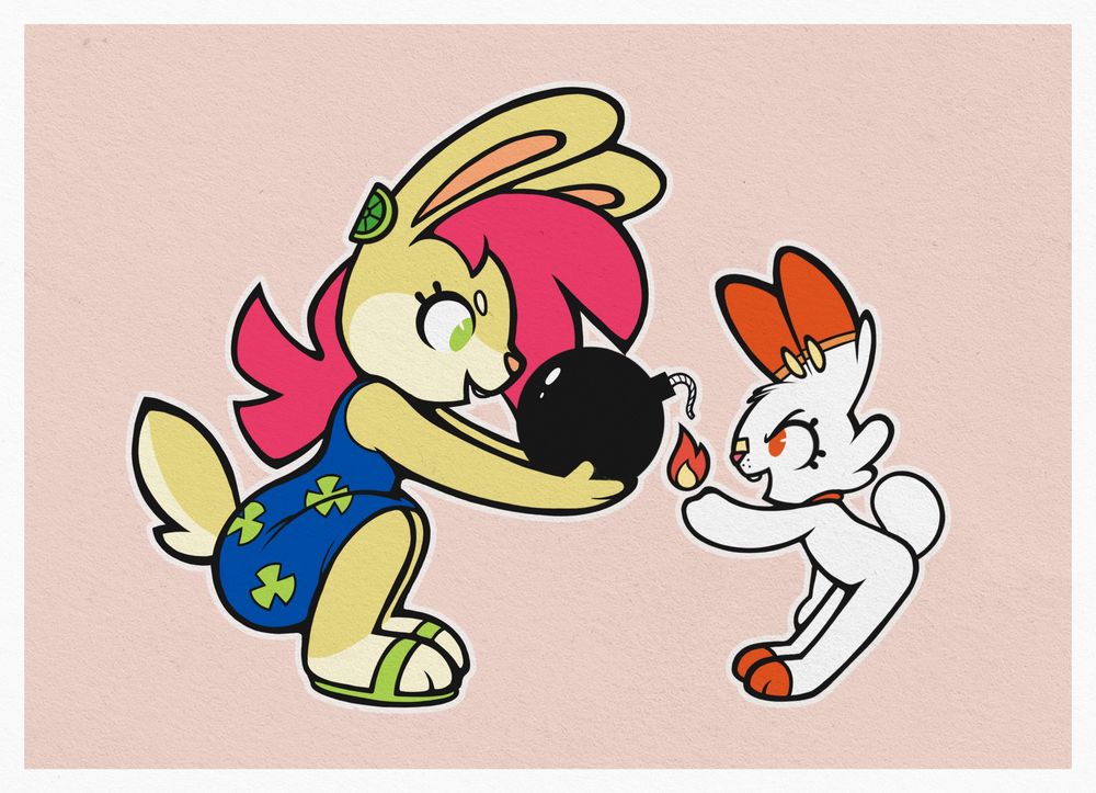 Cherry Swizzle the rabbit holds a bomb out to Miya the scorbunny, who is using her flames to light the fuse.