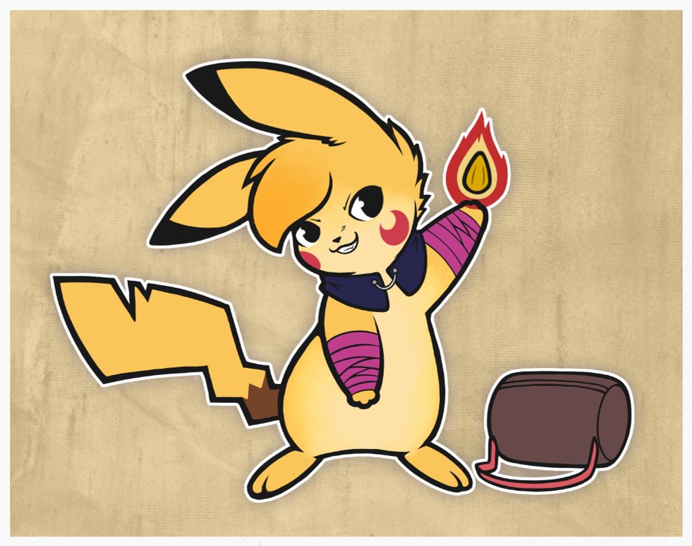 Iku the Pikachu with a mischievous smirk on his face, holding a flaming blast seed aloft.
