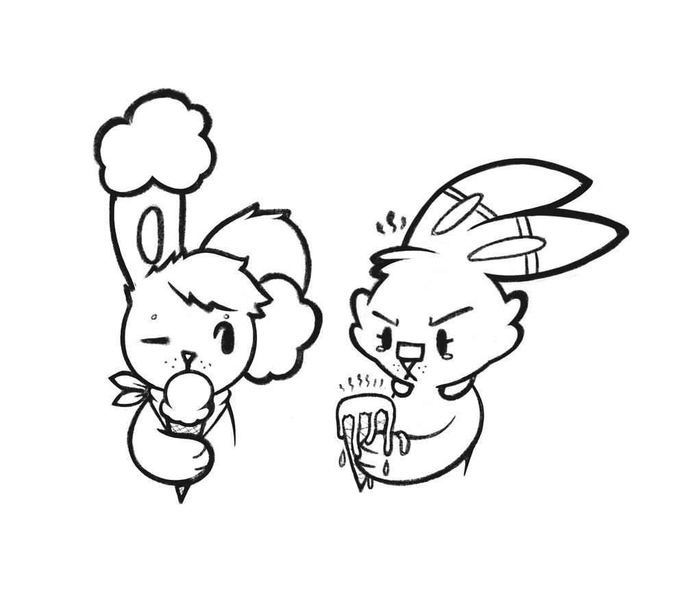 Benji the buneary and Miya the scorbunny are both seen holding ice cream cones. While Benji enjoys his, Miya's gives a frustrated look as hers melts quickly in her paw.