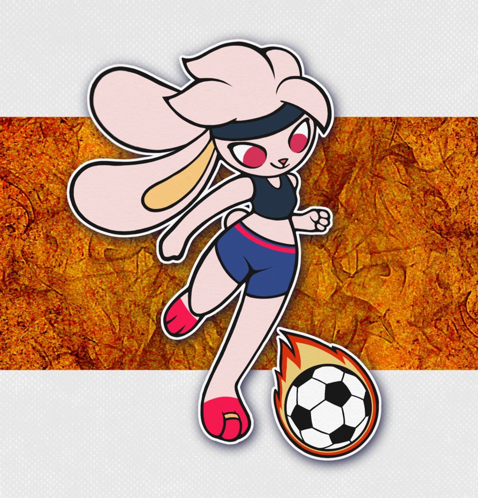 Soles the Raboot wearing an athletic outfit, kicking a flaming soccer ball against a fiery background.