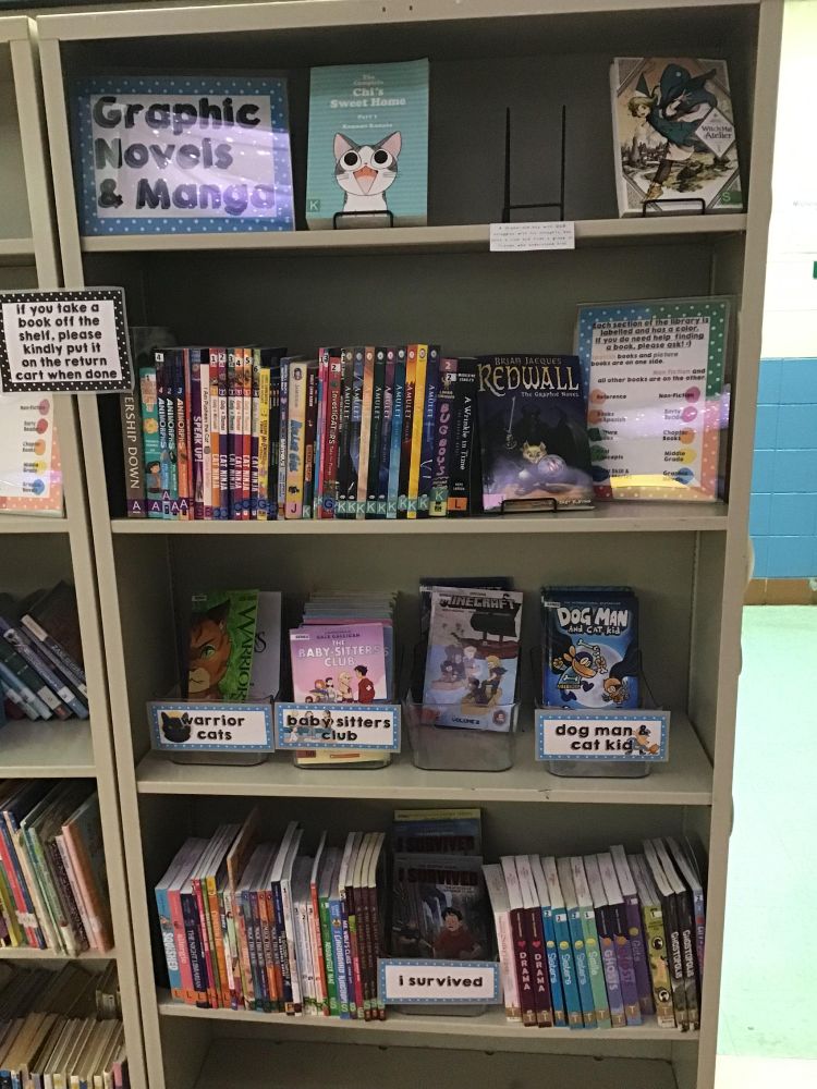photo of library book shelf. graphic novel section has a blue sign reads "graphic novels and manga" the books are organized into bins with characters and series. full shelf is alphabetized by authors last name