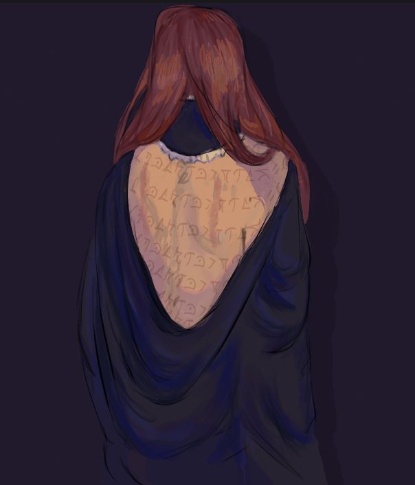 A digital illustration of Shadows Over Welde character Zephrael viewed from the back