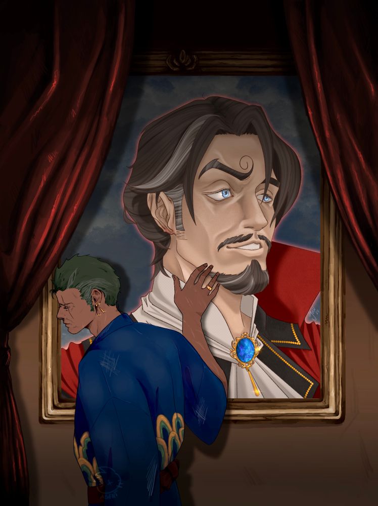 Zoro is touching a picture of black haired, older Sanji. 