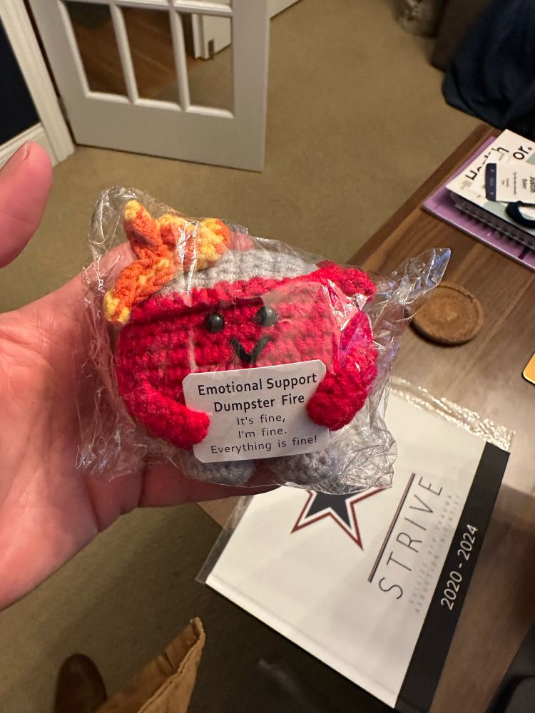 A small plush knitted toy dumpster holding a sign that reads: “Emotional Support Dumpster Fire. It’s fine, I’m fine. Everything is fine.”