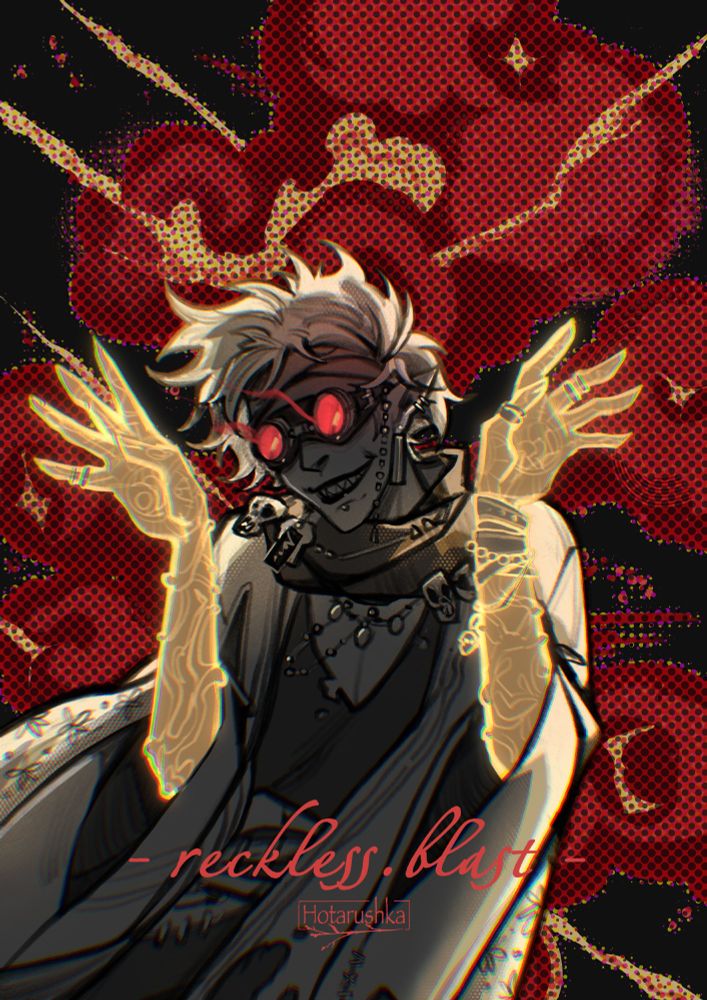 Silva! He loves explosions. He's also child of a goblin and a forest elf. He feigns stupidity, but is actually smart and cunning. He has no arms of his own, torn off by an explosion, but a special magic flows within him that allows his wounds and limbs to regenerate. And now he has glowing arms, seemingly covered patterns!
And this is another member of our incomparable Dara's team~