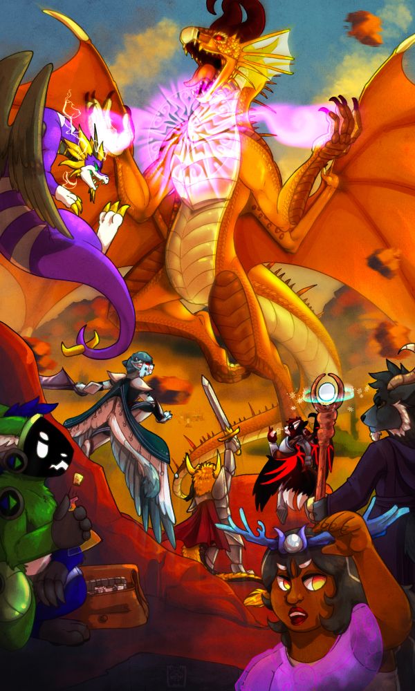 A full scene of a Raid Boss style battle taking place in an Arizona desert. A variety of characters are rallying against a large golden dragon, who is charging a spell through a magic circle.