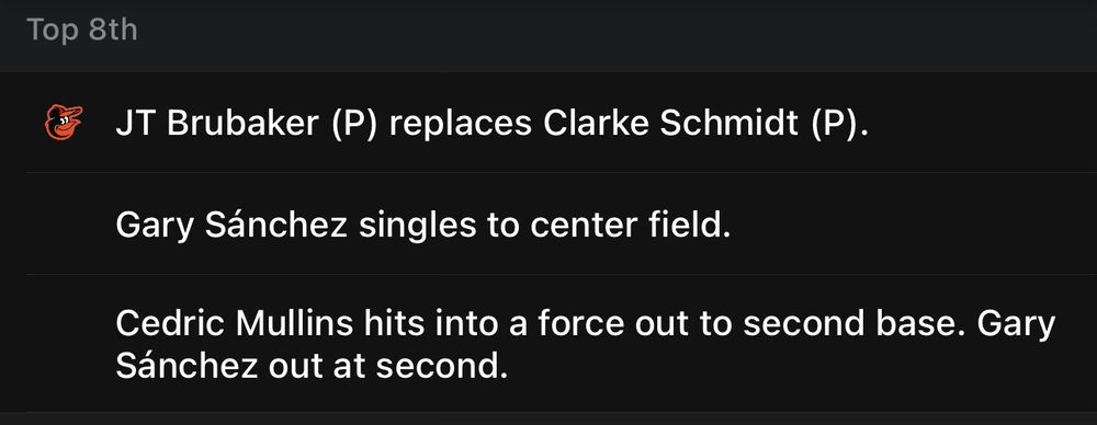 Screenshot of Yankees plays with no hitter broken up in 8th inning. 