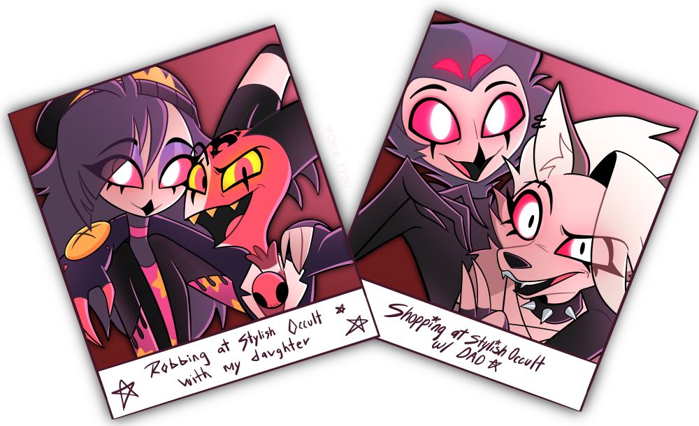 Characters from Helluva Boss, Stolas and Loona posing and smiling at the camera with a description at the bottom that says: “Shopping at Stylish Occult with Dad” and on the side there’s another photo of Octavia and Blitzø also hugging and smiling with a description at the bottom that says: “Robbing at Stylish Occult with my daughter” 