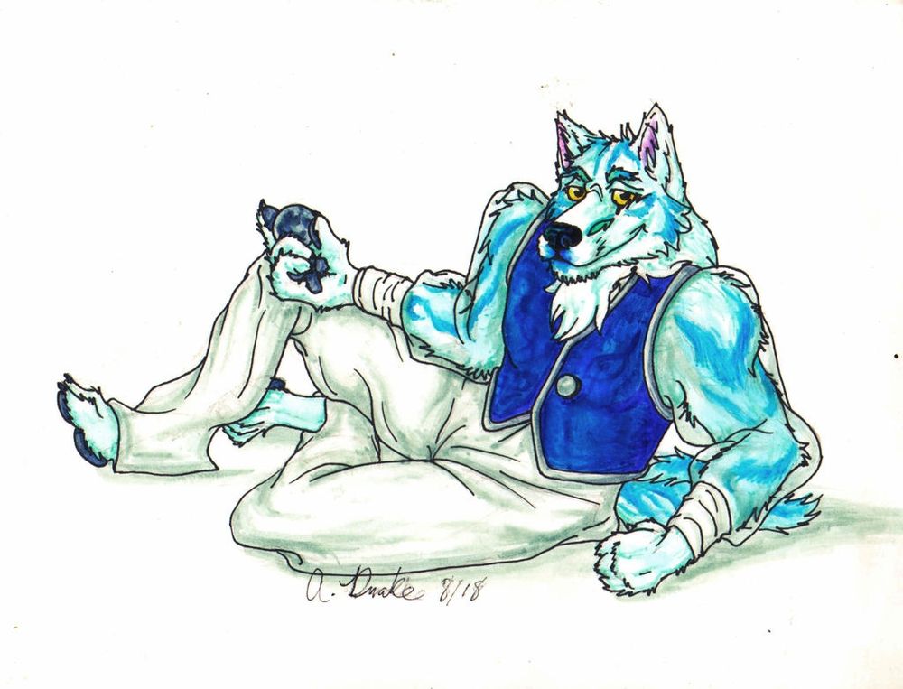Image of a white wolf anthro with blue stripes and yellow eyes sitting on the ground in a reclining position. He's holding a coin sized moon in one hand and smirking.