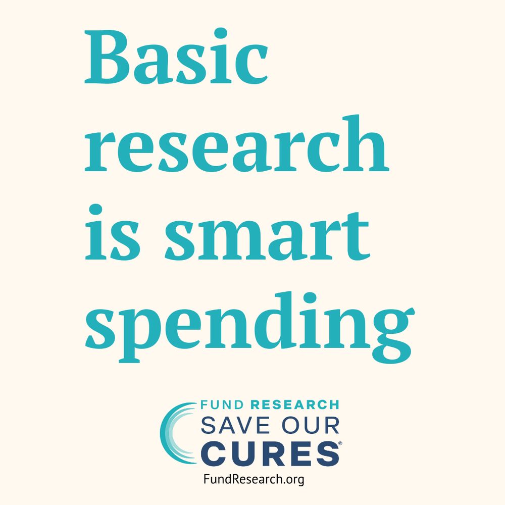 Promotional graphic for FundResearch.org featuring the slogan 'Basic research is smart spending' and the tagline 'Fund Research Save Cures' in bold text against a teal background.