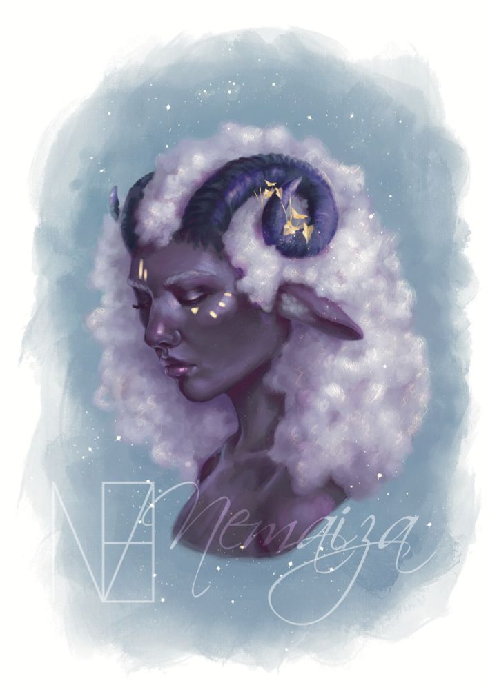 Three-quarter view of a dark grey/purple skinned woman with pale lilac hair. Her hair is tightly coiled and looks almost like a cloud. She has grey/purple curling ram horns and sheep ears. Gold ivy pokes over the nearest horn. Gold markings decorate her brow and cheekbones. She is looking downwards, pensive. 