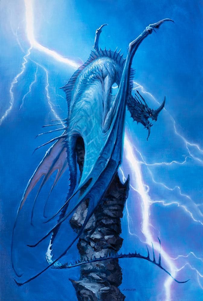 Oil painting in blues: A rocky spire with a bat-like spiny dragon perched villainously on top. A bold bolt of lightning dominates the entire background. 