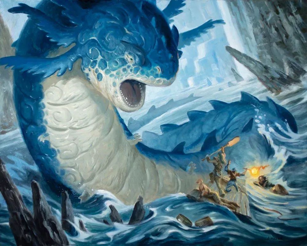 Oil painting of a huge blue and white sea worm (with tiny little grabby hands along its belly) fighting a raft with a few unlucky people on it. 