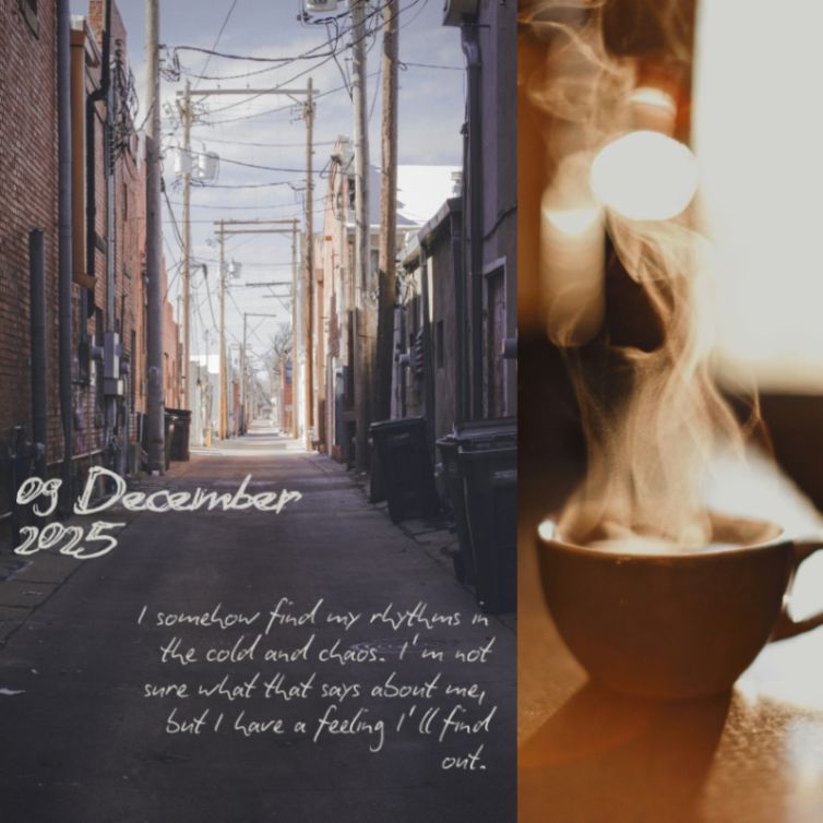 Collage of an alley and a cup of coffee. Text: 09 December 25. I somehow find my rhythms in the cold and chaos. I’m not sure what that says about me, but I have a feeling I’ll find out.