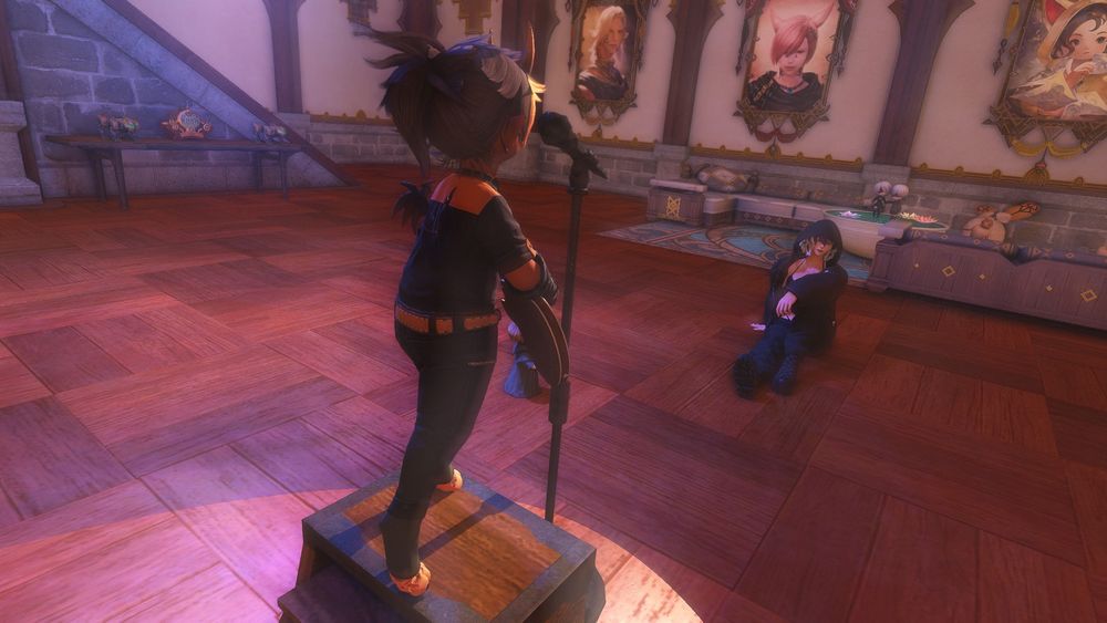 back shot of my lalafell playing guitar and singing on a stepstool, in the night of devilry outfit, with my partners elezen in the background sitting and watching 