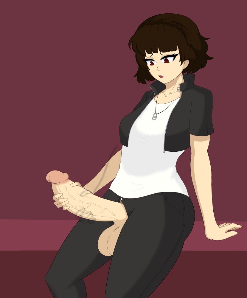Makoto Nijima in her Persona 5 strikers outfit, stroking her dick (Repost, 2022)