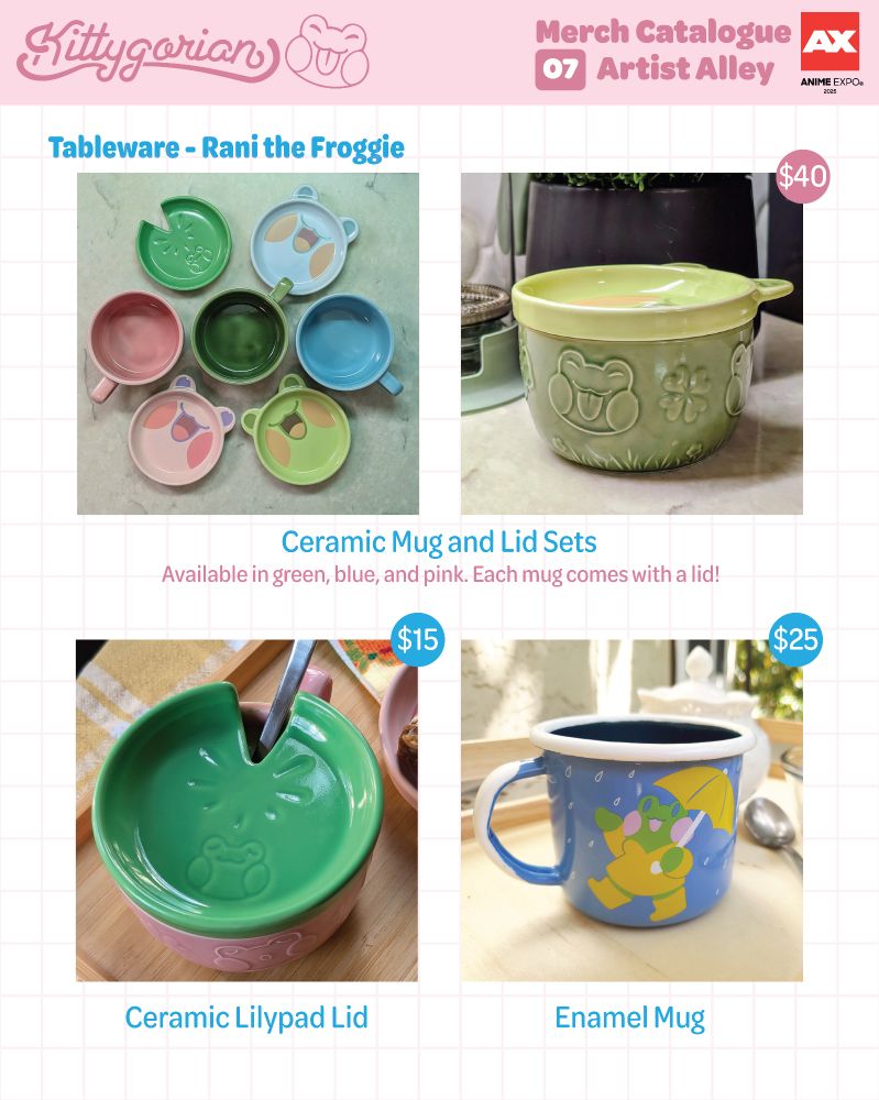 Ceramic mugs of my original character Rani the Froggie. Available in 3 colors. Each mug comes with a froggy face lid. $40
A green ceramic lily pad lid with an opening for spoons, tea bags, or other snacks! Fits Rani ceramic mugs. Can also work for other mugs of similar dimensions, or as a coaster or dish! $15
Blue with white rolled rim Rani the Froggie enamel mug, Rani is holding an umbrella and dancing in the rain. $25
