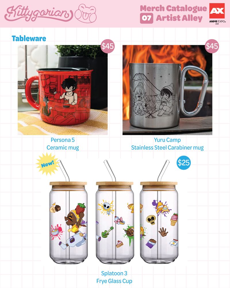 A red ceramic persona 5 mug, with Joker and Morgana in Cafe Leblanc. $45
A stainless steel carabiner mug with the yuru camp/laid back camp characters on it. $45
Glass cup with bamboo lid and Frye from Splatoon 3 in it, adorned with her splatfest themes. $25