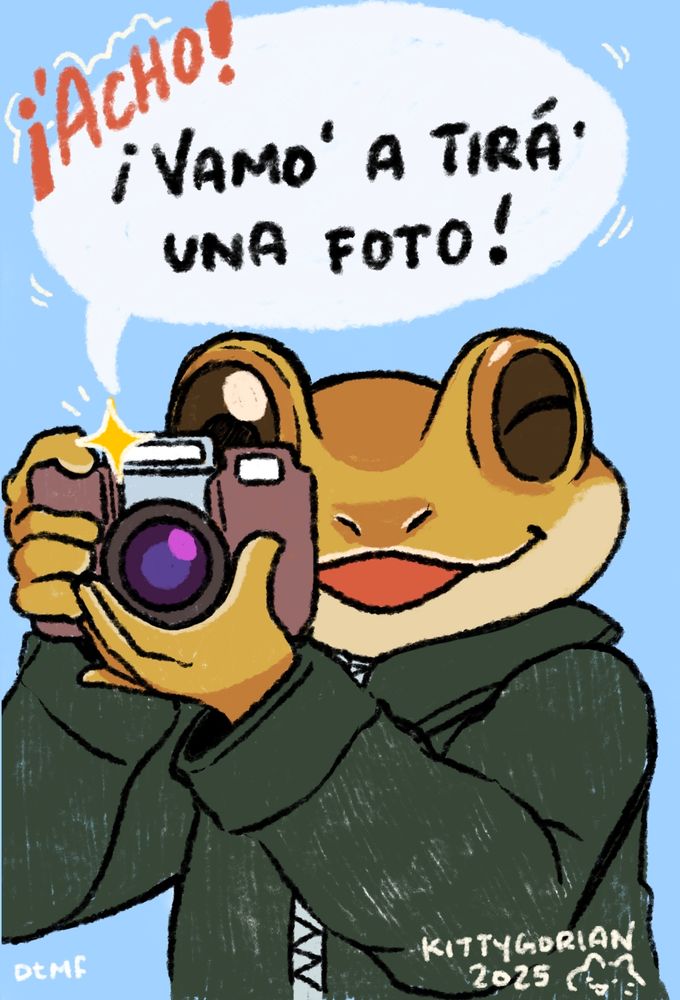Fanart of Sapo Concho snapping a picture with the quote "Acho! Vamo a tirá una foto!" (Youngin! Let's take a picture!). Character is from Bad Bunny's latest album "Debi Tirar Más Fotos"

Fanart del Sapo Concho tomando una foto con la frase "Acho! Vamo a tirá una foto!" El personaje es del nuevo álbum de Bad Bunny "Debi tirar más fotos" 