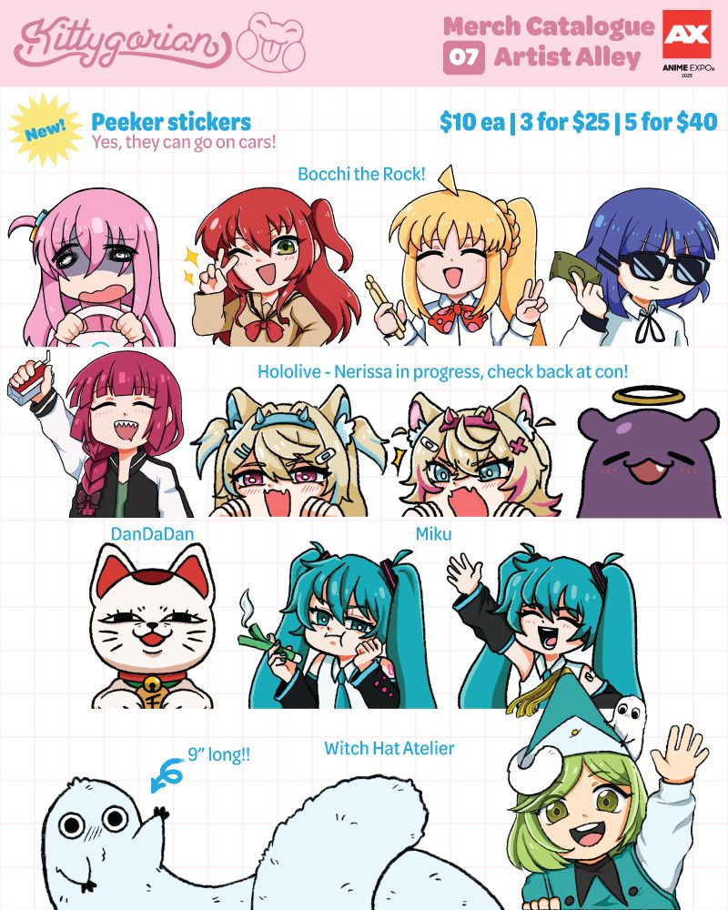 UV peeker stickers of various Anime characters. Bocchi the rock: Bocchi, Kita, Nijika, Ryo, and Kikuri. Hololive: Fuwamoco, Takodachi. Nerissa is a work in progress. Turbo Granny from DanDaDan. Two Hatsune Miku, one is smoking a leek and looking upset, the other is waving and smiling. Brushbug from Witch Hat Atelier, this one is 9 inches long! Coco from Witch Hat atelier smiling and waving. 