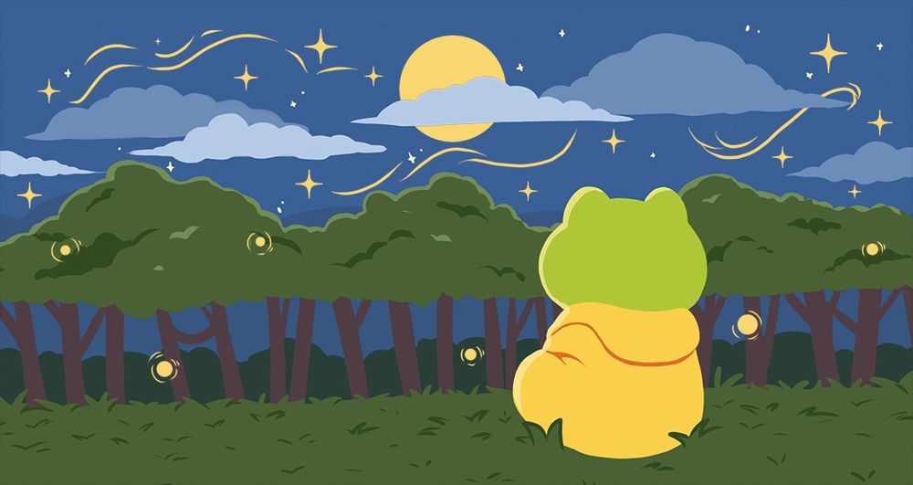 Rani the Froggie staring at a starry, cloudy night. There's parts of a full moon visible behind the clouds. 