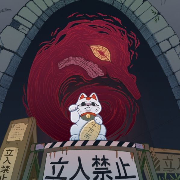 Turbo Granny print. The lucky cat is ominously looking at you while her spiral version is looming behind in the tunnel. 
