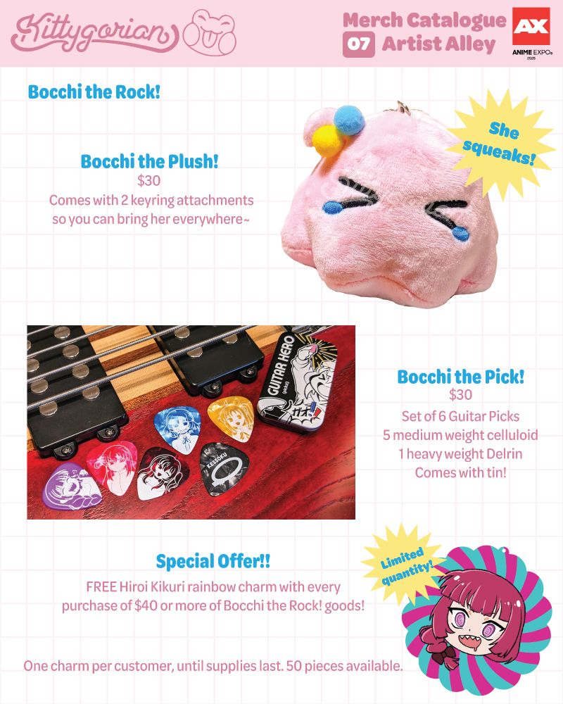 Bocchi plushie in her blob form. $30
Bocchi guitar picks $30
Special Offer - free Hiroi Kikuri rainbow/holo charm with every purchase of $40 or more of Bocchi the Rock goods. One charm per customer, until supplies last. 50 pieces available. 