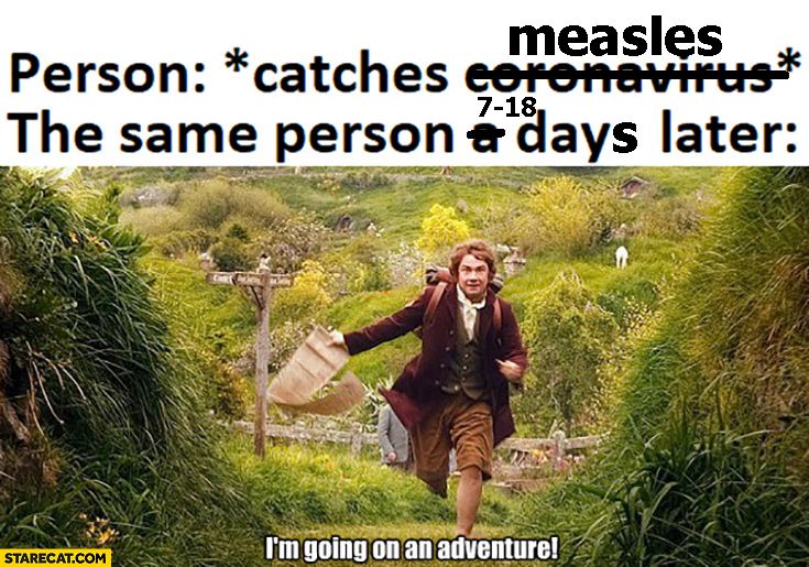 Lord of the Rings screenshot of Bilbo Baggins running through the Shire. Above it is the text "Person: *catches coronavirus* The same person a day later: picture of Bilbo saying "I'm going on an adventure!"." The word "coronavirus" is crudely crossed out and replaced with "Measles". The "a day later" similarly changed to "7-18 days later"