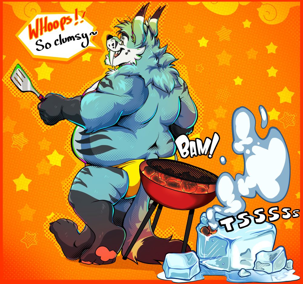 A blue sabertooth fennec fox knocks over a charcoal grill onto a giant “I.C.E. Cube” causing it to melt.