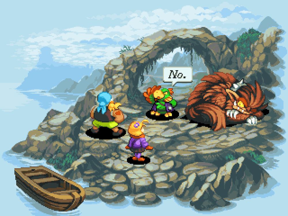 A rocky coastline, where two people stand before a talking parrot. The parrot simply says “No.” At the two, implying he is denying them something (likely access further up the coast). A hairy monster glares menacingly at the two from the right hand side.