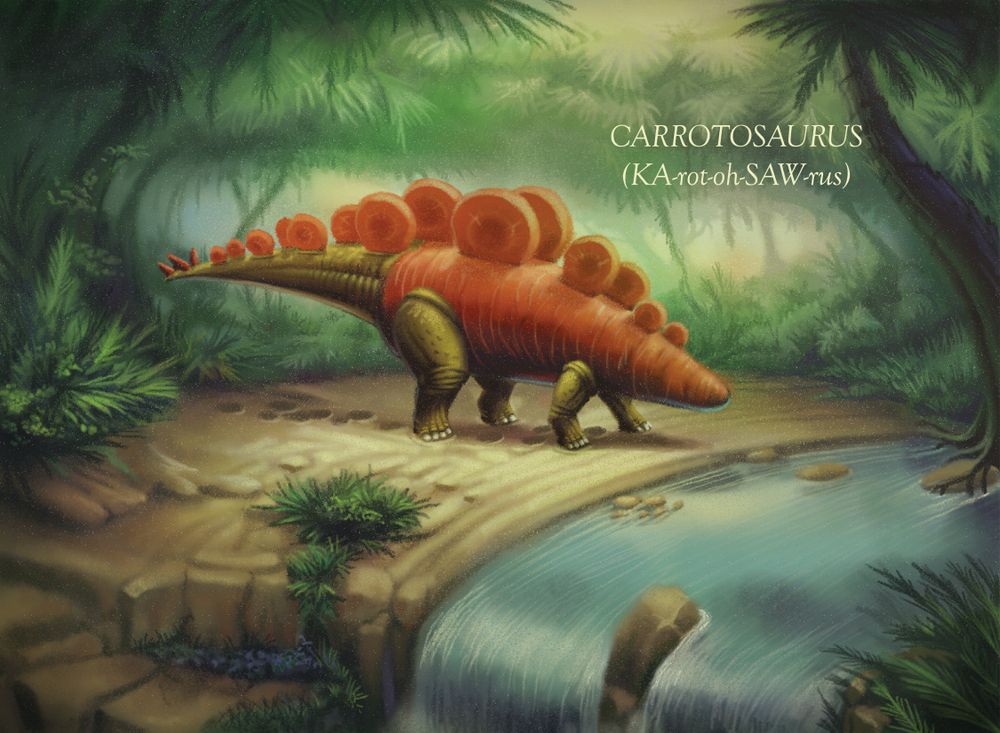 An illustration depicting a Carrotosaurus, enjoying some time by a flowing river in a clearing of the forest.