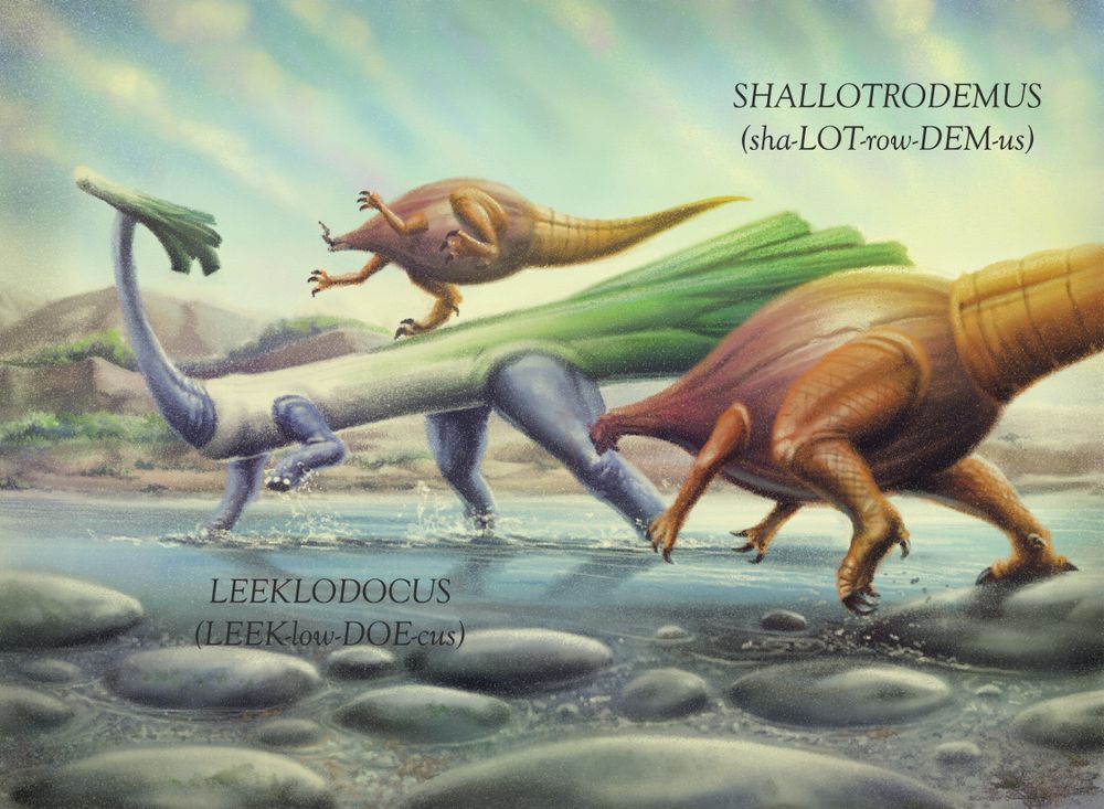 An illustration depicting a Leeklodocus being hunted by two carnivorous Sallotrodemus, along the riverbank.