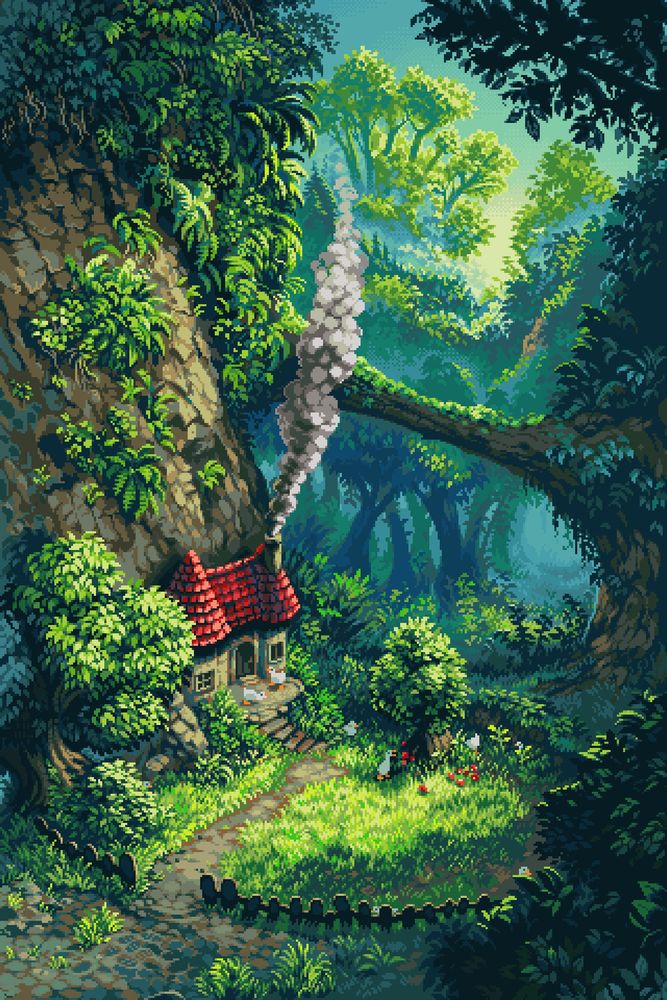 A clearing in the forest, a small house with a red slate roof rests at the foot of a sheer cliffside, smoke billowing out of its chimney. A rough picket fence circles around the grassy clearing, while the entire area is overgrown with greenery (including all on the cliffside). The early evening sun shines through the distant canopy. There are now 8 ducks in the scene.