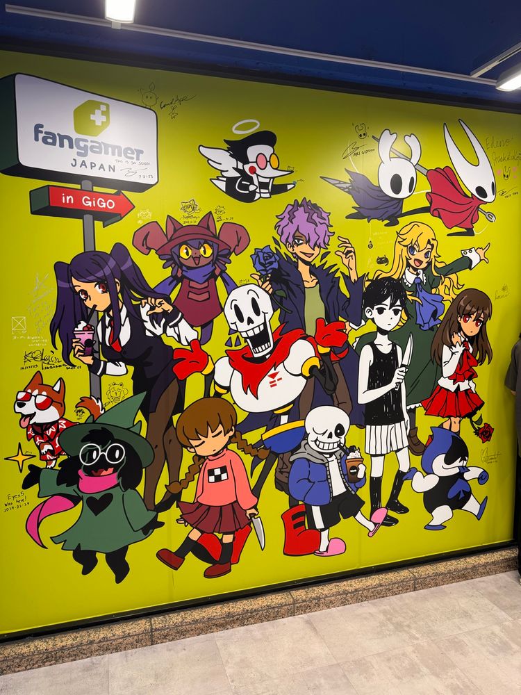 Giant mural on the Fangamer wall featuring characters from games such as Undertale, DELTARUNE, Yume Nikki, Omori, Hollow Knight and more